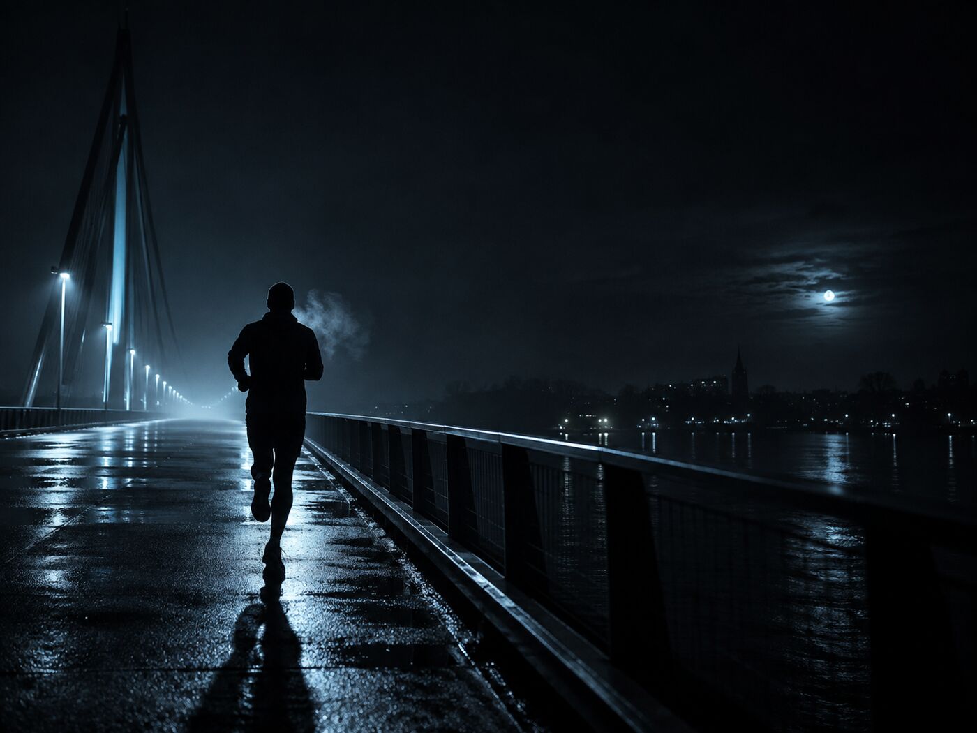 Hardloper in het donker op een natte brug, ijsblauw licht in de verte
